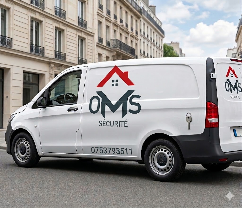 Fourgon blanc O.M.S Sécurité, logo et numéro sur la carrosserie — dépannage serrurerie à Paris.